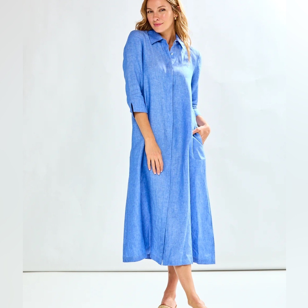 Sara Campbell The Hollie Blue Linen Midi Button Down Side Pockets Dress Size XS